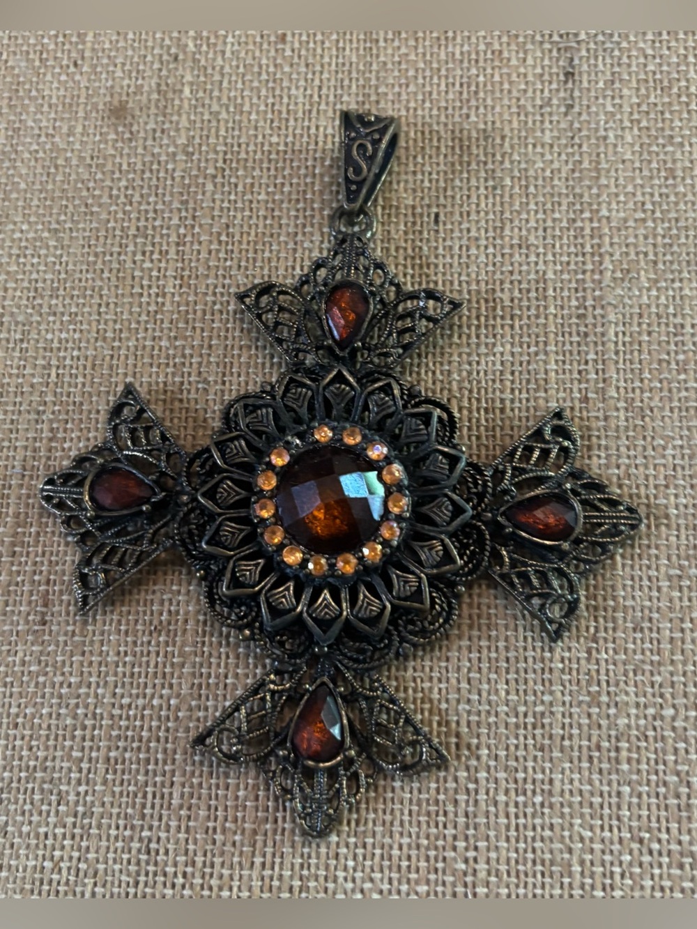 Vintage Ornate Maltese Cross With Amber Colored Stones With Filigree Metalwork